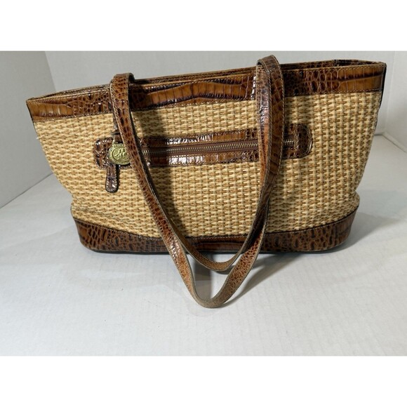 Brahmin Tisbury Collection Raffia Woven Straw Body Vintage & Croc Leather Trim - Picture 10 of 16